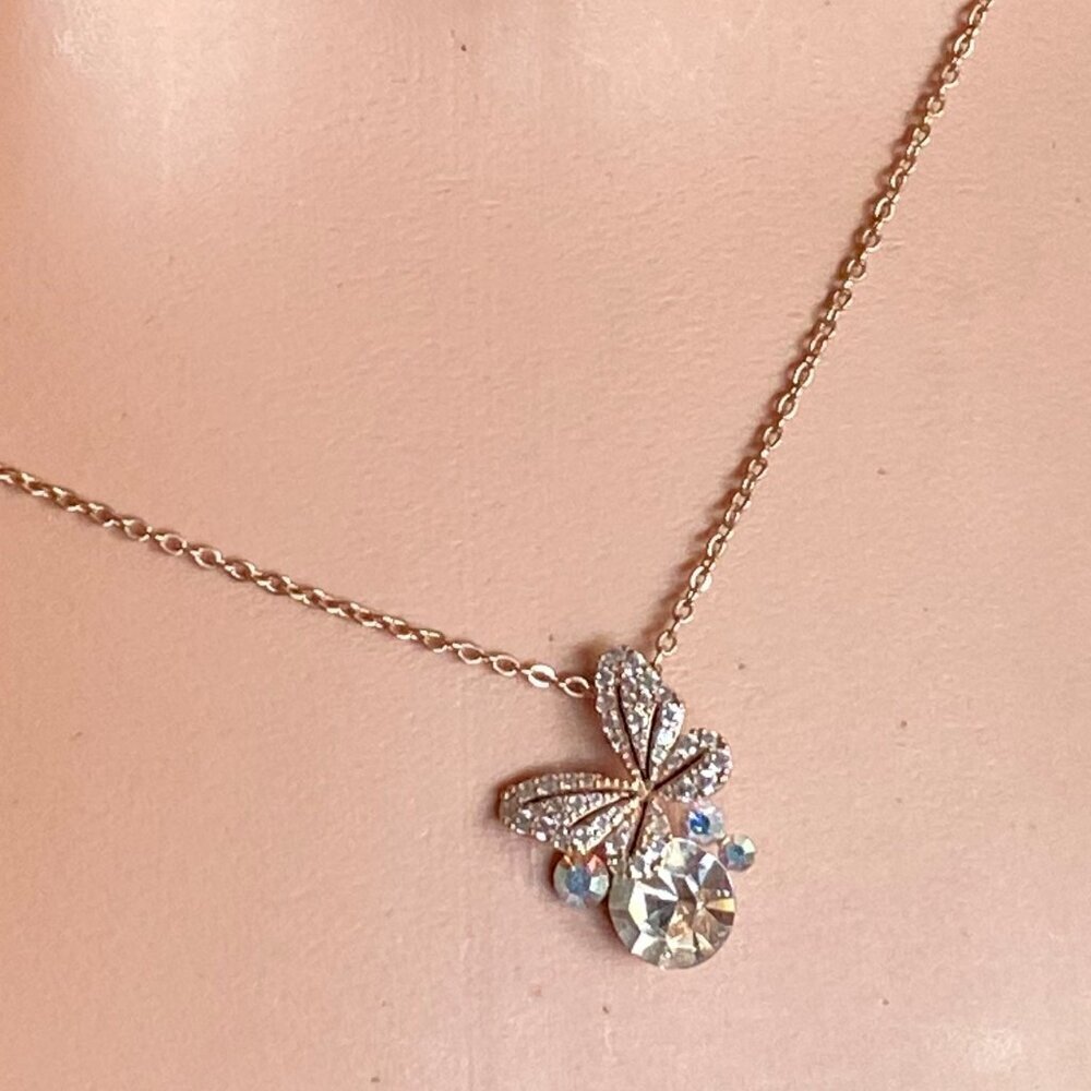 FAC CZ Pave Butterfly Crystal Rose Gold Tone Necklaceāāāā